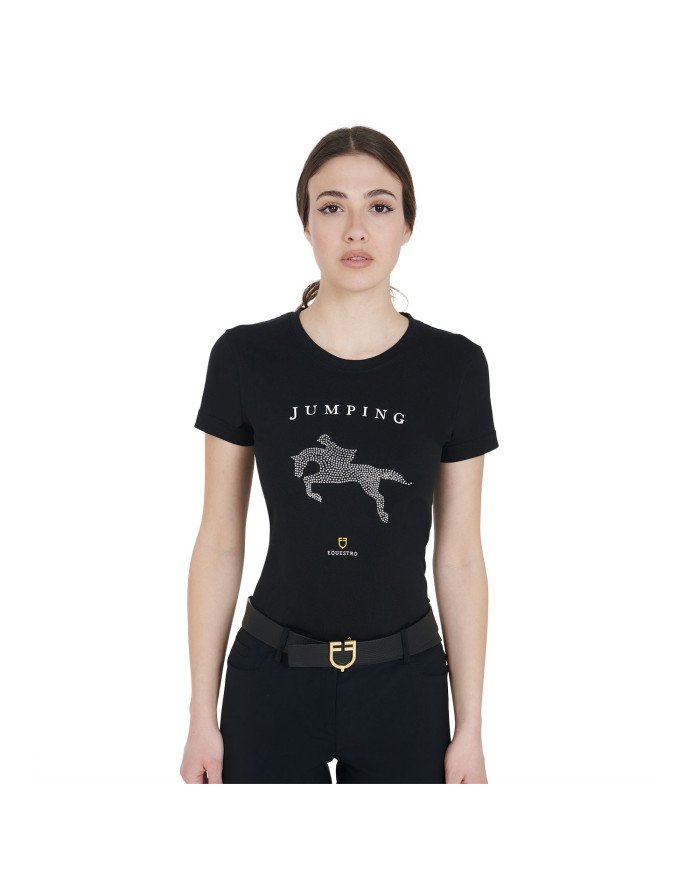 T-shirt donna slim fit disegno salto con strass