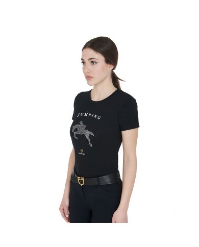 T-shirt donna slim fit disegno salto con strass