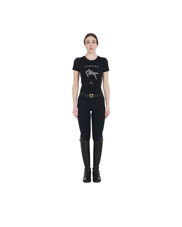 T-shirt donna slim fit disegno salto con strass