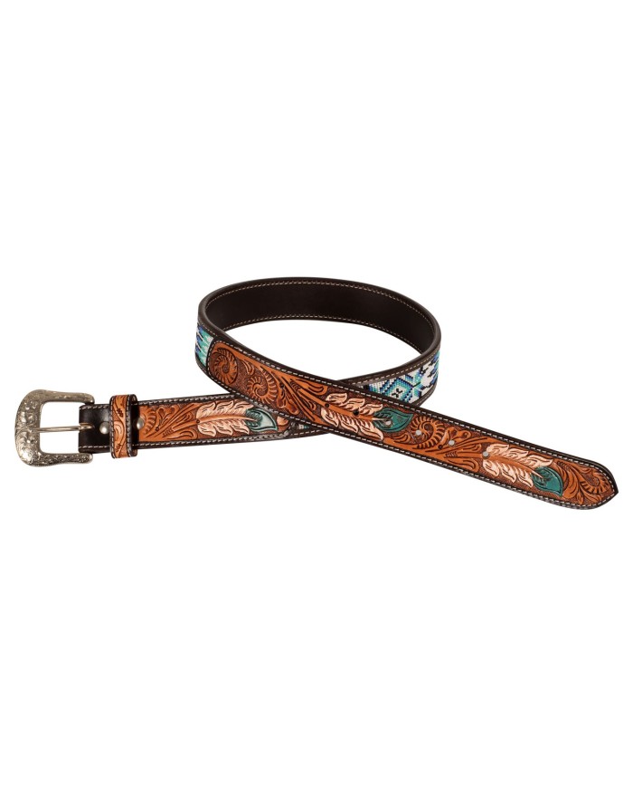 UNISEX WESTERN BEADED BELT WITH FEATHER ENGRAVING