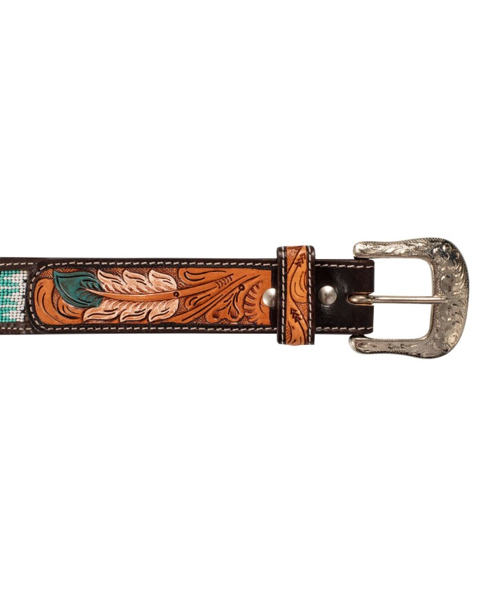 UNISEX WESTERN BEADED BELT WITH FEATHER ENGRAVING