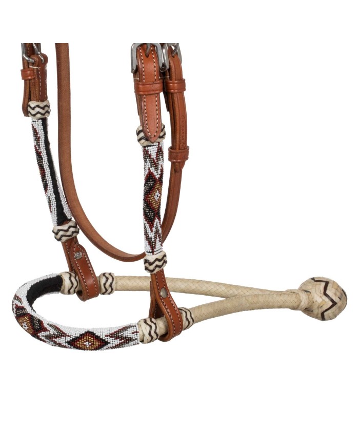 BRIDLE BOSAL WITH BEADED SOUTHWEST DECORATIONS AND COTTON MECATE REINS
