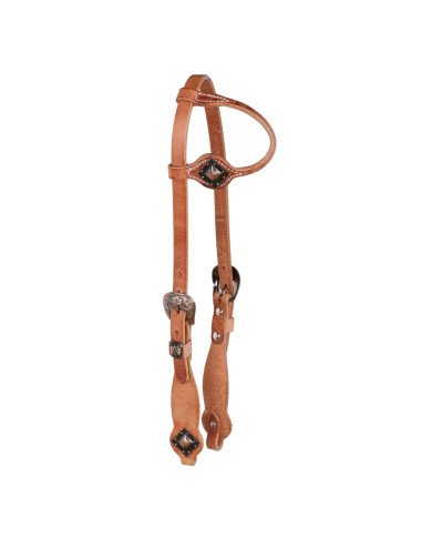 ONE EAR COPPER FLORAL BUCKLE W/DIAMOND CONCHO OILED WESTERN BRIDLE