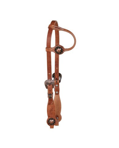 ONE EAR COPPER FLORAL BUCKLE W/FLORAL CONCHO OILED WESTERN BRIDLE